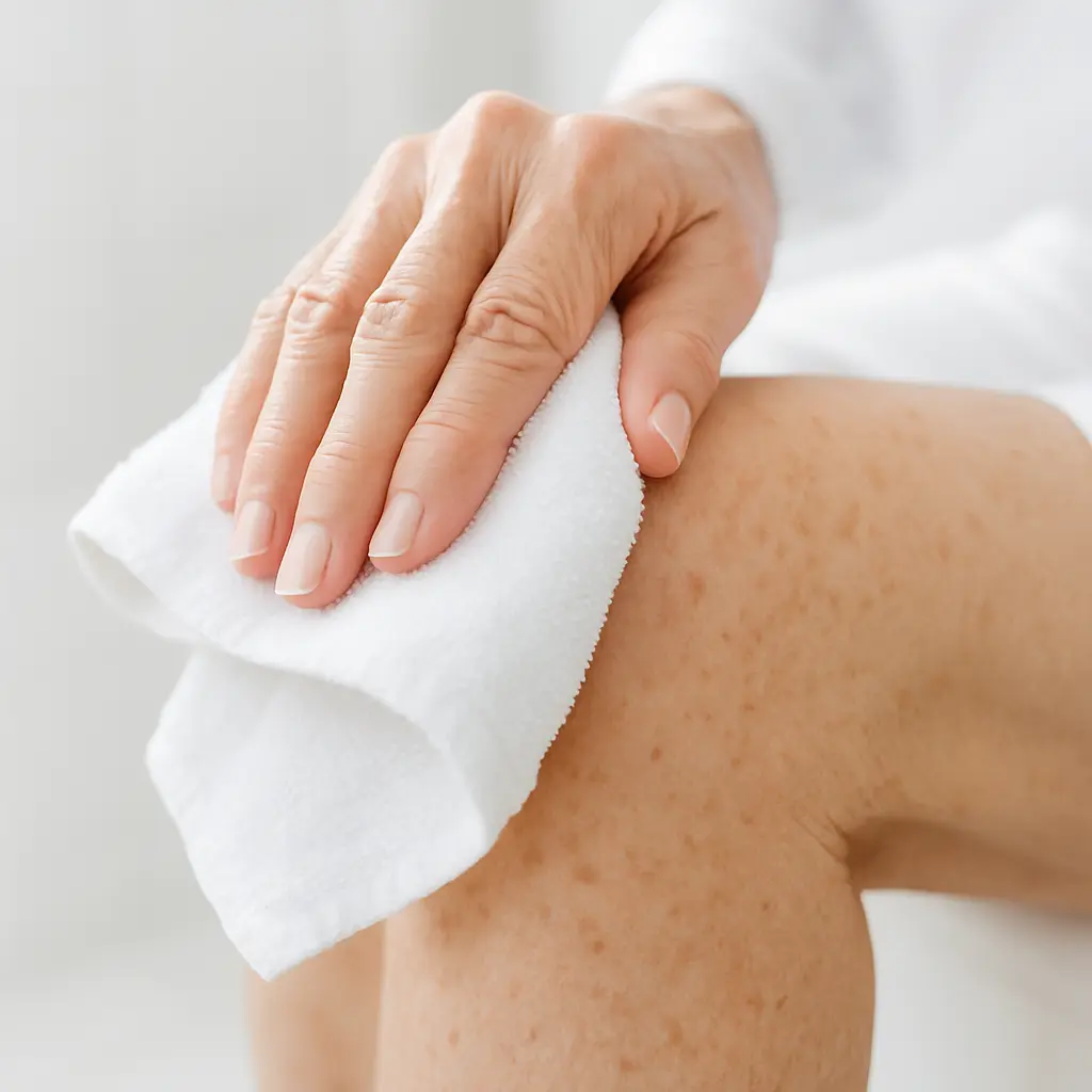 A person cleaning their knee area before applying cream.