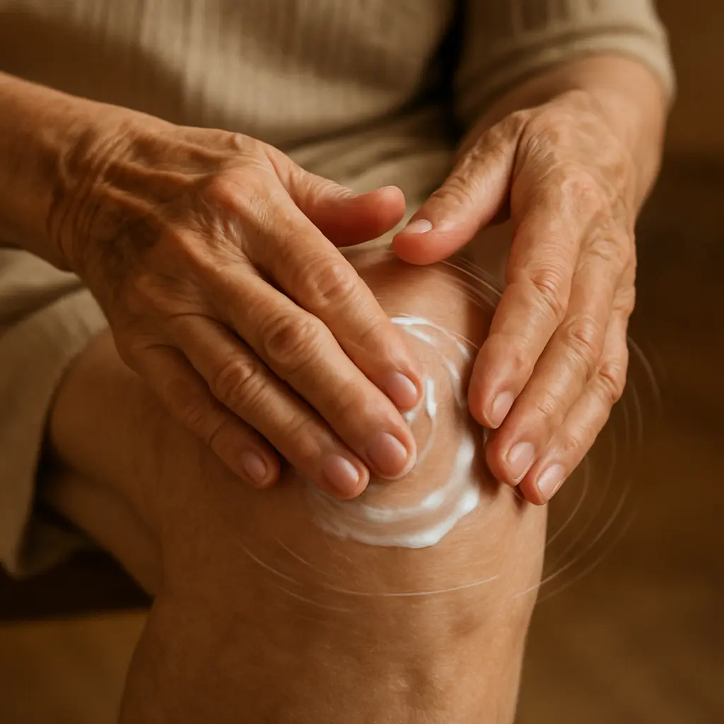 Gently massaging the cream into the skin for absorption.